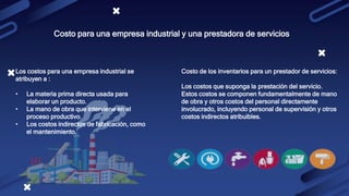 Costo para una empresa industrial y una prestadora de servicios
Los costos para una empresa industrial se
atribuyen a :
• La materia prima directa usada para
elaborar un producto.
• La mano de obra que interviene en el
proceso productivo.
• Los costos indirectos de fabricación, como
el mantenimiento.
Costo de los inventarios para un prestador de servicios:
Los costos que suponga la prestación del servicio.
Estos costos se componen fundamentalmente de mano
de obra y otros costos del personal directamente
involucrado, incluyendo personal de supervisión y otros
costos indirectos atribuibles.
 