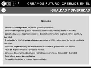 CREAMOS FUTURO, CREEMOS EN ÉL
13
SERVICIOS
• Realización del diagnóstico del plan de igualdad y diversidad
• Elaboración del plan de igualdad y diversidad: definición de políticas y diseño de medidas
• Consultoría y asesoría para empresas que desarrollen internamente su propio plan de igualdad y
diversidad
• Tramitación “al éxito” de subvenciones para amortizar el 100% de los gastos del plan de igualdad y
diversidad
• Protocolos de prevención y actuación frente al acoso sexual, por razón de sexo y moral
• Revisión de procedimientos y protocolos internos
• Campañas de comunicación, difusión y sensibilización en materia de igualdad y diversidad
• Desarrollo de planes de conciliación
• Formación vinculada a la igualdad de oportunidades
IGUALDAD Y DIVERSIDAD
 