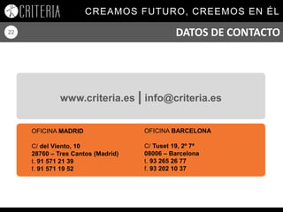 CREAMOS FUTURO, CREEMOS EN ÉL
22
www.criteria.es | info@criteria.es
DATOS DE CONTACTO
OFICINA BARCELONA
C/ Tuset 19, 2º 7ª
08006 – Barcelona
t. 93 265 26 77
f. 93 202 10 37
OFICINA MADRID
C/ del Viento, 10
28760 – Tres Cantos (Madrid)
t. 91 571 21 39
f. 91 571 19 52
 