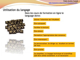 Pablo Andrés Castellhttp://passion-e-learning-fr.blogspot.com /Méthodologie de virtualisation des contenus(cours en ligne)Structuration et elaboration du Plan du coursVérification du plan du coursAdapter le planETAPES ET PARTICIPANTSAuteurConcepteurinstructionnelAuteur + concepteurinstructionnelElaboration des moyensmultilesMontage en  LMS.ConcepteurGraphiqueAdministrateurVérification de l’integration du coursAdapter,techniques de deconception et contenuIntegration des moyensContrôle de qualitéConcepteurinstructionnel(2)IntégrateurConcepteurgraphique et intégrateurConcepteurinstructionnel