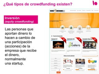 11
Las personas que
aportan dinero lo
hacen a cambio de
una participación
(acciones) de la
empresa que recibe
el dinero,
normalmente
una startup.
¿Qué tipos de crowdfunding existen?
Inversión
(equity crowdfunding)
 