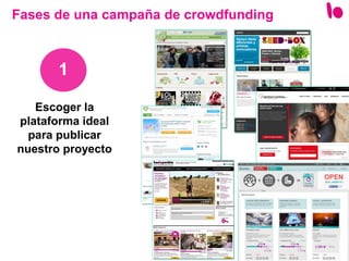 26
Escoger la
plataforma ideal
para publicar
nuestro proyecto
Fases de una campaña de crowdfunding
1
 