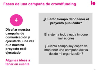 39
4
Fases de una campaña de crowdfunding
¿Cuánto tiempo debo tener el
proyecto publicado?
El sistema todo / nada impone
limitaciones
¿Cuánto tiempo soy capaz de
mantener una campaña activa
desde mi organización?
Diseñar nuestra
campaña de
comunicación y
ejecutarla, una vez
que nuestro
proyecto esté
ejecutado
Algunas ideas a
tener en cuenta
 