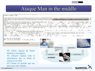 Ataque Man in the middle




•El cliente ingresa de forma
habitual a una página.
•El infractor captura toda la
información que va desde el
cliente al servidor.
•El Cliente no percibe que sus
datos han sido robados.
 