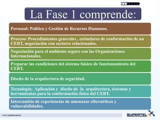 La Fase 1 comprende:
Personal: Política y Gestión de Recursos Humanos.

Proceso: Procedimientos generales , estándares de conformación de un
CERT, negociación con sectores relacionados.
Negociación para el ambiente seguro con las Organizaciones
Internacionales.
Preparar las condiciones del sistema básico de funcionamiento del
CERT.

Diseño de la arquitectura de seguridad.

Tecnología: Aplicación y diseño de la arquitectura, sistemas y
herramientas para la conformación física del CERT.
Intercambio de experiencias de amenazas cibernéticas y
vulnerabilidades.
 