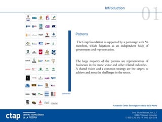 01
                                    Introduction




            Patrons

             The Ctap foundation is supported by a patronage with 56
            members, which functions as an independent body of
            government and representation.


            The large majority of the patrons are representatives of
            businesses in the stone sector and other related industries.
            A shared vision and a common strategy are the targets to
            achieve and meet the challenges in the sector.




patronato
 
