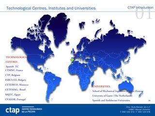 01
Technological Centres, Institutes and Universities                               CTAP Introduction




TECHNOLOGICAL
CENTRES
Spanish TC
CTMNC, France
CTP, Belgium
ESBULCO, Bulgary
CETEMCO, Morocco
                                                UNIVERSITIES:
CETEMAG, Brazil
                                                School of Mechanical Ingenieers of Metz (France)
MQTC, Egypt                                     University of Gante (The Netherlands)
CVALOR, Portugal                                Spanish and Andalucian Universities
 