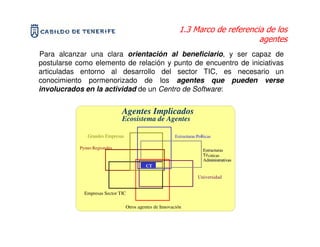 1.3 Marco de referencia de los
                                                                                    agentes
Para alcanzar una clara orientación al beneficiario, y ser capaz de
postularse como elemento de relación y punto de encuentro de iniciativas
articuladas entorno al desarrollo del sector TIC, es necesario un
conocimiento pormenorizado de los agentes que pueden verse
involucrados en la actividad de un Centro de Software:


                                   Agentes Implicados
                                   Ecosistema de Agentes
                                   Agentes Implicados
               Grandes Empresas
                 Grandes Empresas                           EstructurasPol íticas
                                                            Estruc
                                                                 turas Pol

            Pymes Regionales
                                                                            Estructuras
                                                                            Té cnicas
                                                                            Administrativas
                                            CTIC
                                             CT

                                                                         Universidad
                                                                        Univers
                                                                        Universidad
                                                                              idad

              Empresas Sector TIC
              Empresas Sector TIC
                   y Cluster TIC
                                    Otros agentes deIntermedios
                                        Organismos Innovación
 