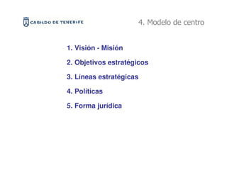 4. Modelo de centro


1. Visión - Misión

2. Objetivos estratégicos

3. Líneas estratégicas

4. Políticas

5. Forma jurídica
 