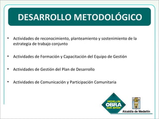   DESARROLLO METODOLÓGICO Actividades de reconocimiento, planteamiento y sostenimiento de la estrategia de trabajo conjunto Actividades de Formación y Capacitación del Equipo de Gestión Actividades de Gestión del Plan de Desarrollo Actividades de Comunicación y Participación Comunitaria 