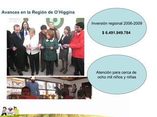Avances en la Región de O’Higgins Inversión regional 2006-2009 $ 6.491.949.784   Atención para cerca de  ocho mil niños y niñas 