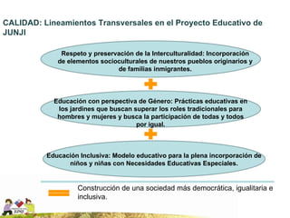 CALIDAD: Lineamientos Transversales en el Proyecto Educativo de JUNJI Respeto y preservación de la Interculturalidad: Incorporación de elementos socioculturales de nuestros pueblos originarios y de familias inmigrantes. Educación con perspectiva de Género: Prácticas educativas en los jardines que buscan superar los roles tradicionales para hombres y mujeres y busca la participación de todas y todos por igual. Construcción de una sociedad más democrática, igualitaria e inclusiva. Educación Inclusiva: Modelo educativo para la plena incorporación de niños y niñas con Necesidades Educativas Especiales. 
