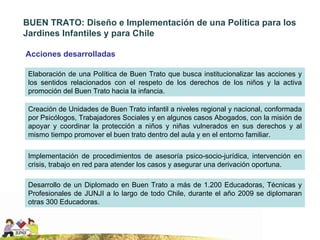 BUEN TRATO: Diseño e Implementación de una Política para los Jardines Infantiles y para Chile Elaboración de una Política de Buen Trato que busca institucionalizar las acciones y los sentidos relacionados con el respeto de los derechos de los niños y la activa promoción del Buen Trato hacia la infancia. Creación de Unidades de Buen Trato infantil a niveles regional y nacional, conformada por Psicólogos, Trabajadores Sociales y en algunos casos Abogados, con la misión de apoyar y coordinar la protección a niños y niñas vulnerados en sus derechos y al mismo tiempo promover el buen trato dentro del aula y en el entorno familiar.  Implementación de procedimientos de asesoría psico-socio-jurídica, intervención en crisis, trabajo en red para atender los casos y asegurar una derivación oportuna. Desarrollo de un  Diplomado en Buen Trato a más de 1.200 Educadoras, Técnicas y Profesionales de JUNJI a lo largo de todo Chile, durante el año 2009 se diplomaran otras 300 Educadoras. Acciones desarrolladas 