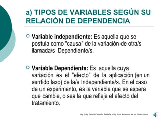 a) TIPOS DE VARIABLES SEGÚN SU
RELACIÓN DE DEPENDENCIA
   Variable independiente: Es aquella que se
    postula como "causa" de la variación de otra/s
    llamada/s Dependiente/s.

   Variable Dependiente: Es aquella cuya
    variación es el "efecto" de la aplicación (en un
    sentido laxo) de la/s Independiente/s. En el caso
    de un experimento, es la variable que se espera
    que cambie, o sea la que refleje el efecto del
    tratamiento.
                        Mg. Jully Pahola Calderón Saldaña y Mg. Luis Alzamora de los Godos Urcia
 