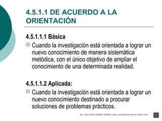 4.5.1.1 DE ACUERDO A LA
ORIENTACIÓN

4.5.1.1.1 Básica
 Cuando la investigación está orientada a lograr un
   nuevo conocimiento de manera sistemática
   metódica, con el único objetivo de ampliar el
   conocimiento de una determinada realidad.

4.5.1.1.2 Aplicada:
 Cuando la investigación está orientada a lograr un
   nuevo conocimiento destinado a procurar
   soluciones de problemas prácticos.
                      Mg. Jully Pahola Calderón Saldaña y Mg. Luis Alzamora de los Godos Urcia
 