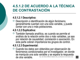 4.5.1.2 DE ACUERDO A LA TÉCNICA
DE CONTRASTACIÓN
4.5.1.2.1 Descriptiva:
 Descripción o identificación de algún fenómeno,
   generalmente cuentan con una sola variable, y puede
   contar con una o más poblaciones.
4.5.1.2.2 Explicativa:
 También llamada analítica, es cuando se permite el
   análisis de la relación entre dos o más variables, ya sea
   por relación de causalidad, correlación o asociación. En
   esta parte cobran importancia los grupos de control.
4.5.1.2.3 Experimental:
 Cuando los datos son obtenidos por observación de
   fenómenos condicionados por el investigador, en donde
   se manipula una sola variable y se espera la respuesta
   de otra variable.     Mg. Jully Pahola Calderón Saldaña y Mg. Luis Alzamora de los Godos Urcia
 