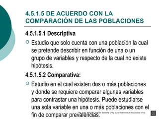 4.5.1.5 DE ACUERDO CON LA
COMPARACIÓN DE LAS POBLACIONES

4.5.1.5.1 Descriptiva
 Estudio que solo cuenta con una población la cual
   se pretende describir en función de una o un
   grupo de variables y respecto de la cual no existe
   hipótesis.
4.5.1.5.2 Comparativa:
 Estudio en el cual existen dos o más poblaciones
   y donde se requiere comparar algunas variables
   para contrastar una hipótesis. Puede estudiarse
   una sola variable en una o más poblaciones con el
   fin de comparar prevalencias.
                      Mg. Jully Pahola Calderón Saldaña y Mg. Luis Alzamora de los Godos Urcia
 