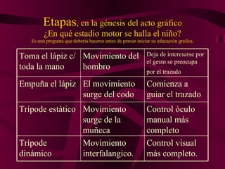 Etapas , en la génesis del acto gráfico ¿En qué estadio motor se halla el niño? Es una pregunta que debería hacerse antes de pensar iniciar su educación grafica. Toma el lápiz c/ toda la mano Movimiento del hombro Deja de interesarse por el gesto se preocupa por el trazado   Empuña el lápiz El movimiento surge del codo Comienza a guiar el trazado Trípode estático Movimiento surge de la muñeca Control óculo manual más completo Trípode dinámico Movimiento interfalangico. Control visual más completo. 
