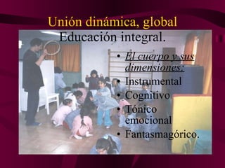 Unión dinámica, global Educación integral. El cuerpo y sus dimensiones: Instrumental Cognitivo Tónico emocional  Fantasmagórico. 