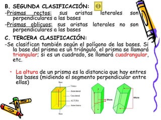 B. SEGUNDA CLASIFICACIÓN:
-Prismas rectos: sus aristas laterales son
   perpendiculares a las bases
-Prismas oblicuos: sus aristas laterales no son
   perpendiculares a las bases
C. TERCERA CLASIFICACIÓN:
-Se clasifican también según el polígono de las bases. Si
   la base del prisma es un triángulo, el prisma se llamará
   triangular; si es un cuadrado, se llamará cuadrangular,
   etc.

  • La altura de un prisma es la distancia que hay entres
    las bases (midiendo el segmento perpendicular entre
    ellas)
 