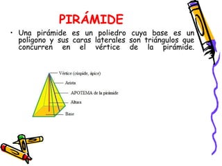PIRÁMIDE
• Una pirámide es un poliedro cuya base es un
  polígono y sus caras laterales son triángulos que
  concurren en el vértice de la pirámide.
 