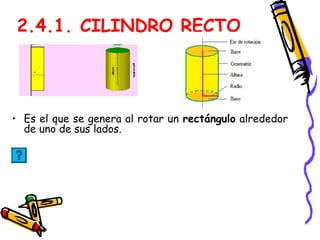 2.4.1. CILINDRO RECTO




• Es el que se genera al rotar un rectángulo alrededor
  de uno de sus lados.
 