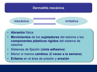 Dermatitis mecánica
• Abrasión física
• Movimientos de los sujetadores del estoma o los
componentes plásticos rígidos del sistema de
ostomía
• Sistemas de fijación (cinta adhesiva)
• Menor si menos cambios (2 veces a la semana)
• Eritema en el área de presión y erosión
mecánica irritativa
 
