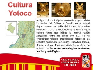 Antigua cultura indígena colombiana que habitó
los valles del Calima y Dorado en el actual
departamento del Valle del Cauca. Se pueden
considerar como la evolución de la más antigua
cultura Ilama que hábito la misma región
geográfica entre los siglos XVI a.C.. Se ha
encontrado material arqueológico Yotoco en las
actuales poblaciones de Bitaco, Tragedias, Dagua,
Bolívar y Buga. Todo conocimiento se debe de
obtener de los restos arqueológicos cerámicos,
textiles y metalúrgicos.
 