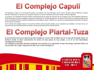Los hallazgos se sitúan en el municipio de Ipiales. Los entierros son muy profundos, de 22 a 40 m de pozo vertical redondo y cámaras
laterales, individuales o colectivas. Los cuerpos se disponen en forma extendida sobre esteras tejidas con fibras vegetales.
La cerámica. Los recipientes funerarios difieren notoriamente de las vasijas de cerámicas de uso cotidiano, pues son trabajados finamente y
están decorados con pinturas negativas negro/rojo. Predominan los motivos geométricos. Las piezas más comunes son copas de pedestal alto
de gran cantidad de formas, existiendo ejemplos de copas dobles y triples. También son comunes las vasijas globulares decorados con figuras
de animales en los bordes.
En las tumbas del complejo Capulí se encuantran también achas de puedra pulida, con un acabado muy cuidadoso, sin trazas de uso. Es
frecuente encontrar también grandes caracoles marinos provenientes de la costa del Pacífico.
El conocimiento del que se dispone de este complejo es mucho más completo que en el caso del Complejo Capulí. El
territorio donde se tiene conocimiento de restos de esta época es muy amplio, y en él se han desarrollado
investigaciones formales.
Los vestigiós encontrados permiten establecer dos períodos en su desarrollo: la fase más antigua, llamada Piartal, de
una duración de 4 siglos, seguida de la fase Tuza, a partir del siglo XV.
 