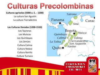 Culturas agrícolas (5000 a. C. - 1200)
La cultura San Agustín
La cultura Tierradentro
Las Culturas Doradas (1200-1510)
Los Tayronas
Los Muiscas
Los Quimbayas
Los Zenúes
Cultura Calima
Cultura Yotoco
Cultura Nariño
Cultura Tumaco
 
