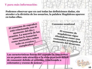 Y para más información:
Podemos observar que en casi todas las definiciones dadas, sin
atender a la división de los usuarios, la palabra Magdalena aparece
en todas ellas.
Consumo ocasional

Las características físicas del cupcake lo convierten
en un postre más atractivo a la vista pero más difícil
de consumir debido al colorido, relacionado a
colorantes y exceso de azúcar.
16

 