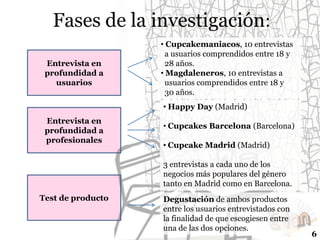 Fases de la investigación:
Entrevista en
profundidad a
usuarios

• Cupcakemaniacos, 10 entrevistas
a usuarios comprendidos entre 18 y
28 años.
• Magdaleneros, 10 entrevistas a
usuarios comprendidos entre 18 y
30 años.
• Happy Day (Madrid)

Entrevista en
profundidad a
profesionales

• Cupcakes Barcelona (Barcelona)
• Cupcake Madrid (Madrid)
3 entrevistas a cada uno de los
negocios más populares del género
tanto en Madrid como en Barcelona.

Test de producto

Degustación de ambos productos
entre los usuarios entrevistados con
la finalidad de que escogiesen entre
una de las dos opciones.

6

 