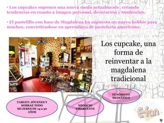 • Los cupcakes suponen una nueva moda actualmente, creando
tendencias en cuanto a imagen personal, decoración y tendencias.
• El pastelillo con base de Magdalena ha supuesto un nuevo hobbie para
muchos, convirtiéndose en aprendices de pastelería americana.

Los cupcake, una
forma de
reinventar a la
magdalena
tradicional
FENÓMENO
MEDIÁTICO
TARGET: JÓVENES Y
SOBRAE TODO
MUJERES DE 14 a 50
AÑOS

NEGOCIO
EMERGENTE

9

 