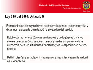 Ley 715 del 2001: Artículo 5 .   Establecer las normas técnicas curriculares y pedagógicas para los niveles de educación preescolar, básica y media, sin perjuicio de la autonomía de las Instituciones Educativas y de la especificidad de tipo regional Definir, diseñar y establecer instrumentos y mecanismos para la calidad de la educación Formular las políticas y objetivos de desarrollo para el sector educativo y dictar normas para la organización y prestación del servicio 
