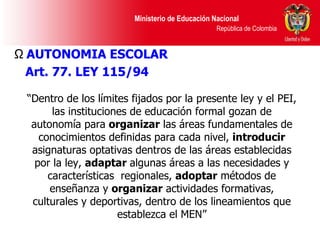 “ Dentro de los límites fijados por la presente ley y el PEI, las instituciones de educación formal gozan de autonomía para  organizar  las áreas fundamentales de conocimientos definidas para cada nivel,  introducir  asignaturas optativas dentros de las áreas establecidas por la ley,  adaptar  algunas áreas a las necesidades y características  regionales,  adoptar  métodos de enseñanza y  organizar  actividades formativas, culturales y deportivas, dentro de los lineamientos que establezca el MEN” AUTONOMIA ESCOLAR Art. 77. LEY 115/94   