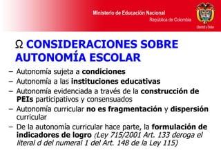 Autonomía sujeta a  condiciones Autonomía a las  instituciones educativas   Autonomía evidenciada a través de la  construcción de PEIs  participativos y consensuados Autonomía curricular  no es fragmentación  y  dispersión  curricular De la autonomía curricular hace parte, la  formulación de  indicadores de logro   ( Ley 715/2001 Art. 133 deroga el literal d del numeral 1 del Art. 148 de la Ley 115) CONSIDERACIONES SOBRE  AUTONOMÍA ESCOLAR   