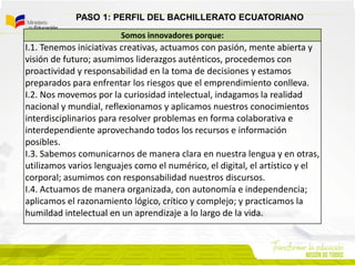 Somos innovadores porque:
I.1. Tenemos iniciativas creativas, actuamos con pasión, mente abierta y
visión de futuro; asumimos liderazgos auténticos, procedemos con
proactividad y responsabilidad en la toma de decisiones y estamos
preparados para enfrentar los riesgos que el emprendimiento conlleva.
I.2. Nos movemos por la curiosidad intelectual, indagamos la realidad
nacional y mundial, reflexionamos y aplicamos nuestros conocimientos
interdisciplinarios para resolver problemas en forma colaborativa e
interdependiente aprovechando todos los recursos e información
posibles.
I.3. Sabemos comunicarnos de manera clara en nuestra lengua y en otras,
utilizamos varios lenguajes como el numérico, el digital, el artístico y el
corporal; asumimos con responsabilidad nuestros discursos.
I.4. Actuamos de manera organizada, con autonomía e independencia;
aplicamos el razonamiento lógico, crítico y complejo; y practicamos la
humildad intelectual en un aprendizaje a lo largo de la vida.
PASO 1: PERFIL DEL BACHILLERATO ECUATORIANO
 