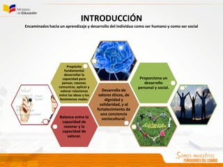Balance entre la
capacidad de
razonar y la
capacidad de
valorar.
Desarrollo de
valores éticos, de
dignidad y
solidaridad, y al
fortalecimiento de
una conciencia
sociocultural.
Propósito
fundamental
desarrollar la
capacidad para
pensar, razonar,
comunicar, aplicar y
valorar relaciones
entre las ideas y los
fenómenos reales.
Proporciona un
desarrollo
personal y social.
INTRODUCCIÓN
Encaminados hacia un aprendizaje y desarrollo del individuo como ser humano y como ser social
 