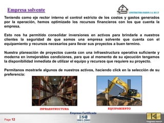 Empresa solvente
Teniendo como eje rector interno el control estricto de los costos y gastos generados
por la operación, hemos optimizado los recursos financieros con los que cuenta la
empresa.

Esto nos ha permitido consolidar inversiones en activos para brindarle a nuestros
clientes la seguridad de que somos una empresa solvente que cuenta con el
equipamiento y recursos necesarios para llevar sus proyectos a buen termino.

Nuestra planeación de proyectos cuenta con una infraestructura operativa suficiente y
moderna en inmejorables condiciones, para que al momento de su ejecución tengamos
la disponibilidad inmediata de utilizar el equipo y recursos que requiere su proyecto.

Permítanos mostrarle algunos de nuestros activos, haciendo click en la selección de su
preferencia:




                   INFRAESTRUCTURA                         EQUIPAMIENTO
                                     Empresa Certificada

Page 12
                                                                              <regresa menú>
 
