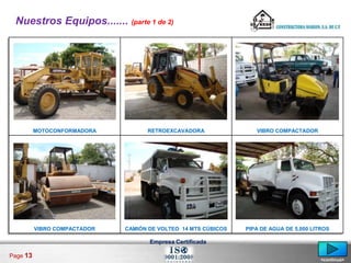 Nuestros Equipos....... (parte 1 de 2)




          MOTOCONFORMADORA          RETROEXCAVADORA                VIBRO COMPACTADOR




          VIBRO COMPACTADOR   CAMIÓN DE VOLTEO 14 MTS CÚBICOS   PIPA DE AGUA DE 5,000 LITROS

                                     Empresa Certificada

Page 13
                                                                                         <continua>
 