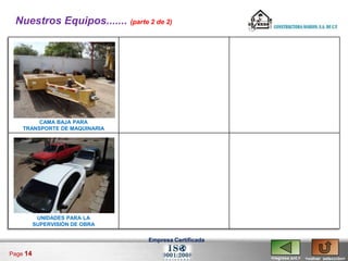 Nuestros Equipos....... (parte 2 de 2)




         CAMA BAJA PARA
    TRANSPORTE DE MAQUINARIA




           UNIDADES PARA LA
          SUPERVISIÓN DE OBRA

                                 Empresa Certificada

Page 14
                                                       <regresa ant.>   <volver selección>
 