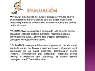 INICIAL: al comienzo del curso y analizará y medirá el nivel
de competencia de los alumnos para así poder diseñar una
metodología más de acuerdo con las necesidades y los perfiles
de los alumnos.

FORMATIVA: se realizará a lo largo de todo el curso dando
al alumno feedback en todo momento, mediante deberes,
actividades de clase…Servirá para adoptar estrategias y
conseguir los objetivos marcados.

SUMATIVA: sirve para determinar la promoción del alumno al
siguiente curso. Se llevará a cabo en Junio y el alumno será
examinado de las cuatro destrezas: Comprensión escrita
(reading), comprensión oral (listening), expresión escrita
(writing) y expresión oral (speaking). El alumno deberá
conseguir un APTO en todas ellas.
 