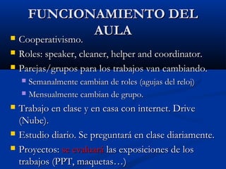 FFUUNNCCIIOONNAAMMIIEENNTTOO DDEELL 
AAUULLAA  CCooooppeerraattiivviissmmoo.. 
 RRoolleess:: ssppeeaakkeerr,, cclleeaann...