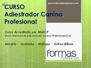 www.formasformacion.com

CURSO
Adiestrador Canino
Profesional
Curso Acreditado por ANACP
(Asoc. Nacional de Adiestradores Caninos Profesionales) en


Almería      Granada         Málaga       Getxo-Bilbao
 