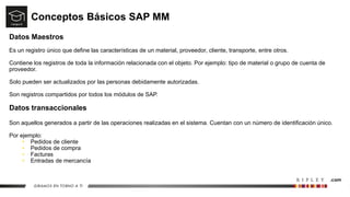 Conceptos Básicos SAP MM
Datos Maestros
Es un registro único que define las características de un material, proveedor, cliente, transporte, entre otros.
Contiene los registros de toda la información relacionada con el objeto. Por ejemplo: tipo de material o grupo de cuenta de
proveedor.
Solo pueden ser actualizados por las personas debidamente autorizadas.
Son registros compartidos por todos los módulos de SAP.
Datos transaccionales
Son aquellos generados a partir de las operaciones realizadas en el sistema. Cuentan con un número de identificación único.
Por ejemplo:
• Pedidos de cliente
• Pedidos de compra
• Facturas
• Entradas de mercancía
 