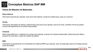 Conceptos Básicos SAP MM
Vistas del Maestro de Materiales
Datos básicos
Información general (por ejemplo, texto breve del material, unidad de medida base, peso y/o volumen)
Ventas
Información del pedido de cliente y determinación del precio (por ejemplo, precio de venta, cantidad mínima de pedido,
nombre del departamento de ventas responsable)
Compras
Datos disponibles de un material en la compra (por ejemplo, el grupo de compras responsable, tolerancias para faltas y
excesos de suministro, unidad de medida de pedido)
MRP
Información de planificación de necesidades de material (MRP) (por ejemplo, stock de seguridad, plazo de entrega previsto,
punto de pedido)
 