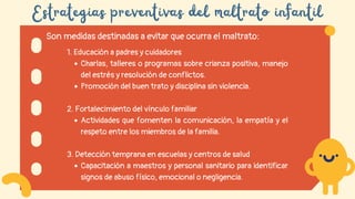 Son medidas destinadas a evitar que ocurra el maltrato:
Estrategias preventivas del maltrato infantil
1. Educación a padres y cuidadores
Charlas, talleres o programas sobre crianza positiva, manejo
del estrés y resolución de conflictos.
Promoción del buen trato y disciplina sin violencia.
2. Fortalecimiento del vínculo familiar
Actividades que fomenten la comunicación, la empatía y el
respeto entre los miembros de la familia.
3. Detección temprana en escuelas y centros de salud
Capacitación a maestros y personal sanitario para identificar
signos de abuso físico, emocional o negligencia.
 