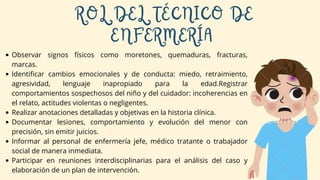 Observar signos físicos como moretones,
quemaduras, fracturas, marcas.
Identificar cambios emocionales y de conducta:
miedo, retraimiento, agresividad, lenguaje
inapropiado para la edad.Registrar comportamientos
sospechosos del niño y del cuidador: incoherencias
en el relato, actitudes violentas o negligentes.
Realizar anotaciones detalladas y objetivas en la
historia clínica.
Observar signos físicos como moretones, quemaduras, fracturas,
marcas.
Identificar cambios emocionales y de conducta: miedo, retraimiento,
agresividad, lenguaje inapropiado para la edad.Registrar
comportamientos sospechosos del niño y del cuidador: incoherencias en
el relato, actitudes violentas o negligentes.
Realizar anotaciones detalladas y objetivas en la historia clínica.
Documentar lesiones, comportamiento y evolución del menor con
precisión, sin emitir juicios.
Informar al personal de enfermería jefe, médico tratante o trabajador
social de manera inmediata.
Participar en reuniones interdisciplinarias para el análisis del caso y
elaboración de un plan de intervención.
ROL DEL TÉCNICO DE
ENFERMERÍA
 