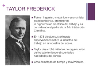 + 
TAYLOR FREDERICK 
 Fue un ingeniero mecánico y economista 
estadounidense, promotor de 
la organización científica del trabajo y es 
considerado el padre de la Administración 
Científica. 
 En 1878 efectuó sus primeras 
observaciones sobre la industria del 
trabajo en la industria del acero. 
 Taylor desarrolló métodos de organización 
del trabajo teniendo el cuenta las 
habilidades del obrero. 
 Crea el método de tiempo y movimientos. 
 