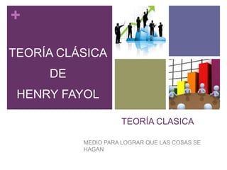 + 
TEORÍA CLASICA 
TEORÍA CLÁSICA 
MEDIO PARA LOGRAR QUE LAS COSAS SE 
HAGAN 
DE 
HENRY FAYOL 
 